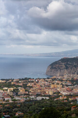 Aerial View of Touristic Town, Sorrento, Italy. Coast of Tyrrhenian Sea. Cloudy Sky