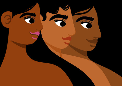 Tres mujeres latinas y morenas mirando de perfil