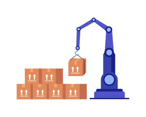 Robotic arm at factory packs the goods in boxes, smart industry technology vector illustration.