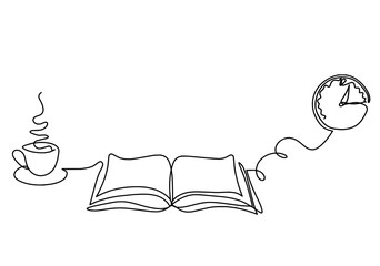 Abstract open book with clock as line drawing on white background. Vector