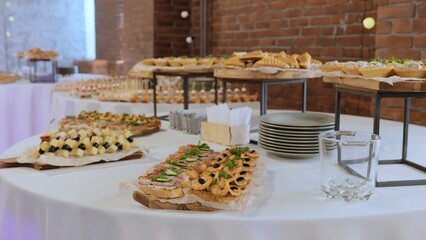 Buffet in a restaurant, hotel. Buffet table for guests. Holiday catering. Buffet with delicious food. A set of cold snacks. Concept, breakfast in a luxury hotel