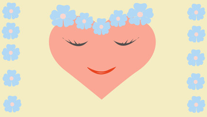 red heart with blue flowers on yellow background