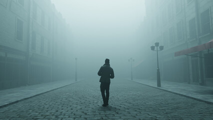 silhouette of a man walking in the fog on lonely moody cobblestone street