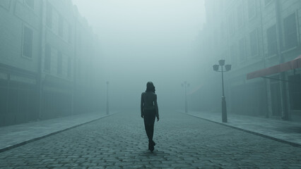 Obraz na płótnie Canvas silhouette of a woman walking alone in the fog on lonely moody cobblestone street