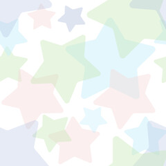 Seamless pattern of colored translucent stars of different sizes. On a white background.