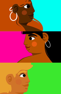 Dos mujeres latinas y una persona no binaria de perfil con bloques de color