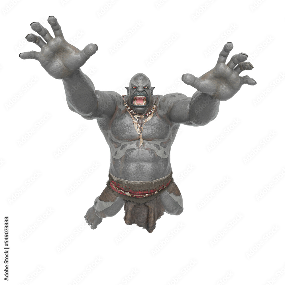 Wall mural ogre beasty is doing a frontal jump attack in white background