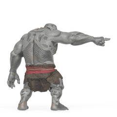 ogre beasty is pointing and showing the way to war in white background trst view