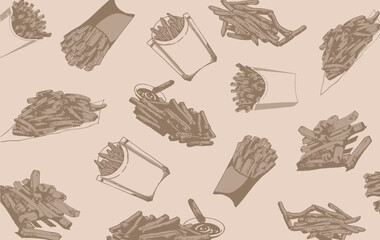 Fototapeta premium vintage pattern french fries , stylish sepia food cover for fabric, postcards, wallpapers,graphical vector illustration. Fast food and menu background design