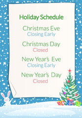 Holiday closure schedule template. Winter Scene with Snowdrifts, Hare and Fir Tree.