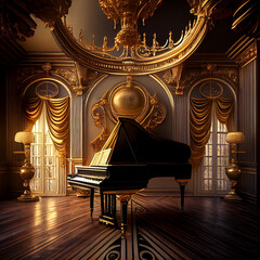 Grand piano in a giant golden ballroom - obrazy, fototapety, plakaty