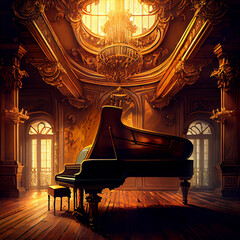 Grand piano in a giant golden ballroom - obrazy, fototapety, plakaty