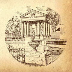 Architectural monument entrance group to the park in antique style