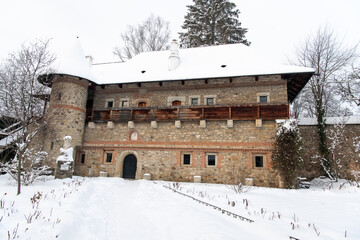 Moldovita, Romania, 2021-12-30. Moldovita Monastery, in the Bukovina region. Its exterior walls are...