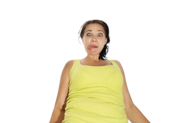 Funny girl young woman face grimace with tongue in PNG isolated on transparent background