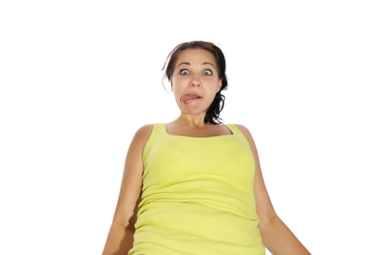 Funny girl young woman face grimace with tongue in PNG isolated on transparent background