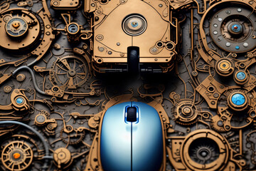 abstract steampunk computer hard drive and blue mouse on mechanical mouse pad covered in gears as background