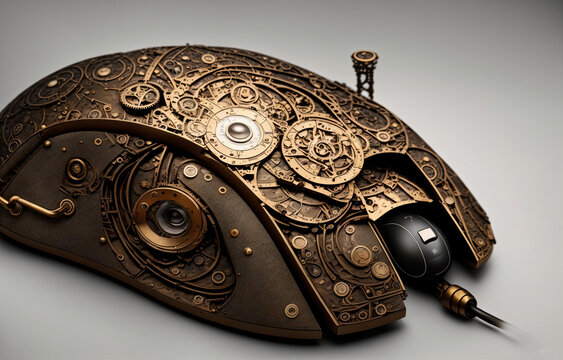abstract steampunk computer mouse with a metal mechanical gears as design on white background