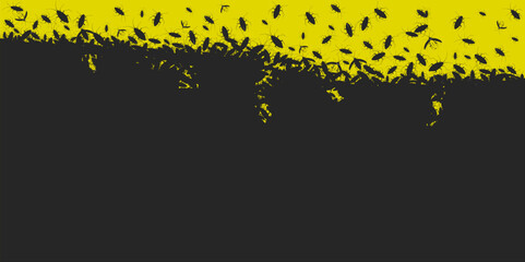 Black silhouette of a large number of cockroaches and insects on a yellow background, pest beetles top view. Parasite infestation