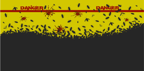 Black silhouette of a large number of cockroaches and insects on a yellow background, pest beetles top view. Parasite infestation
