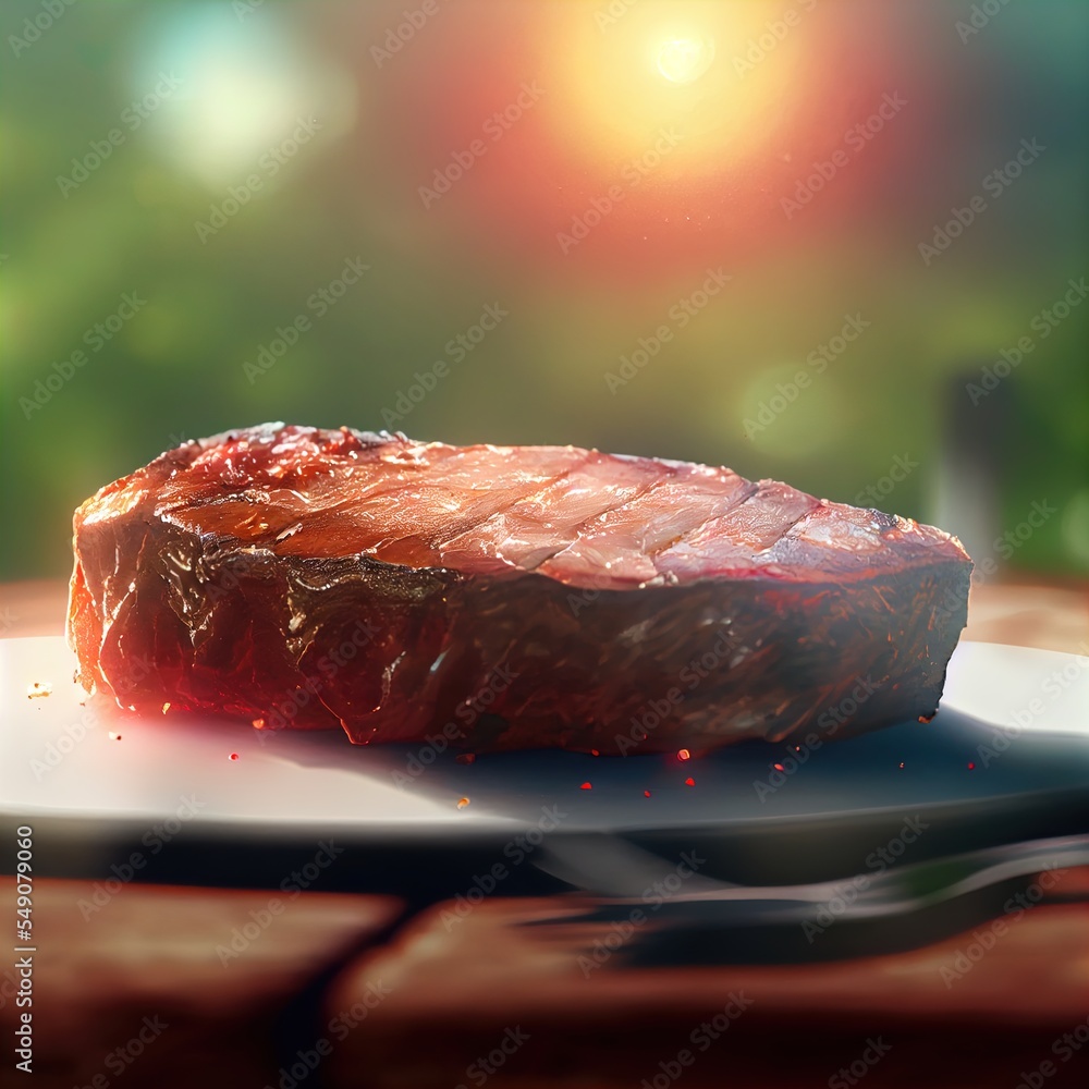 Poster a steak on a plate with a fork on a table with a blurry background of trees and grass generative ai