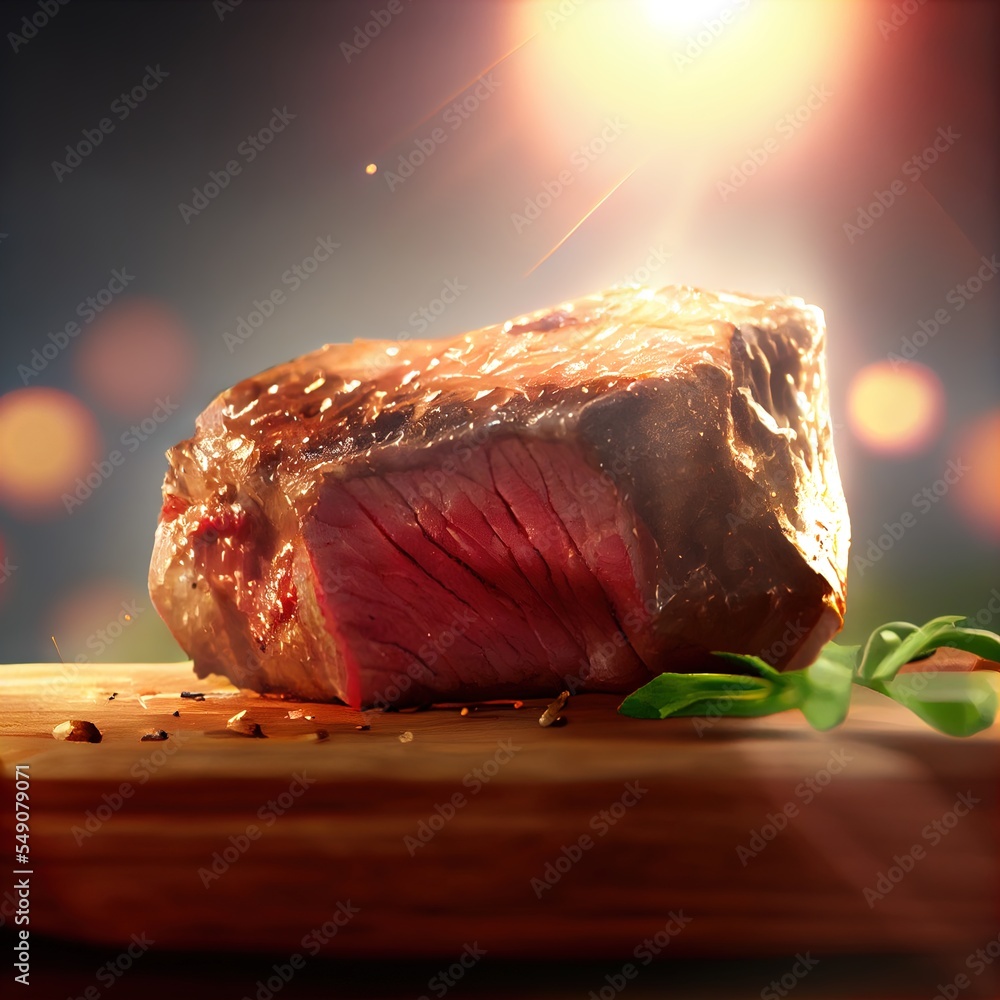 Poster a piece of steak on a cutting board with a green leaf on it and a bright light in the background gen