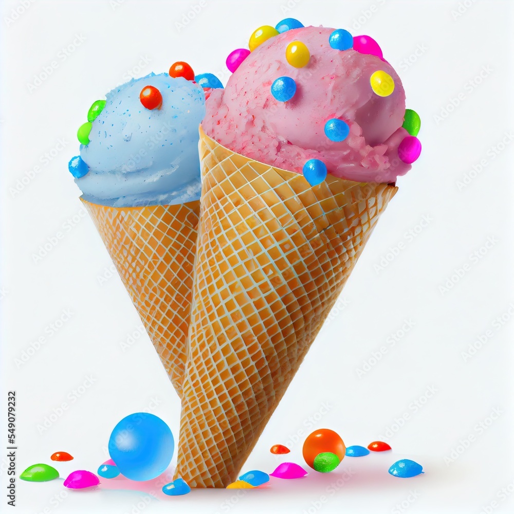 Aufkleber two ice cream cones with sprinkles and balls on a white background with a blue cone with a pink ice 