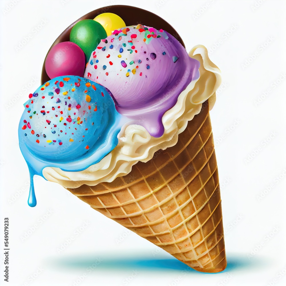 Aufkleber a picture of a ice cream cone with three scoops of ice cream and sprinkles on top generative ai