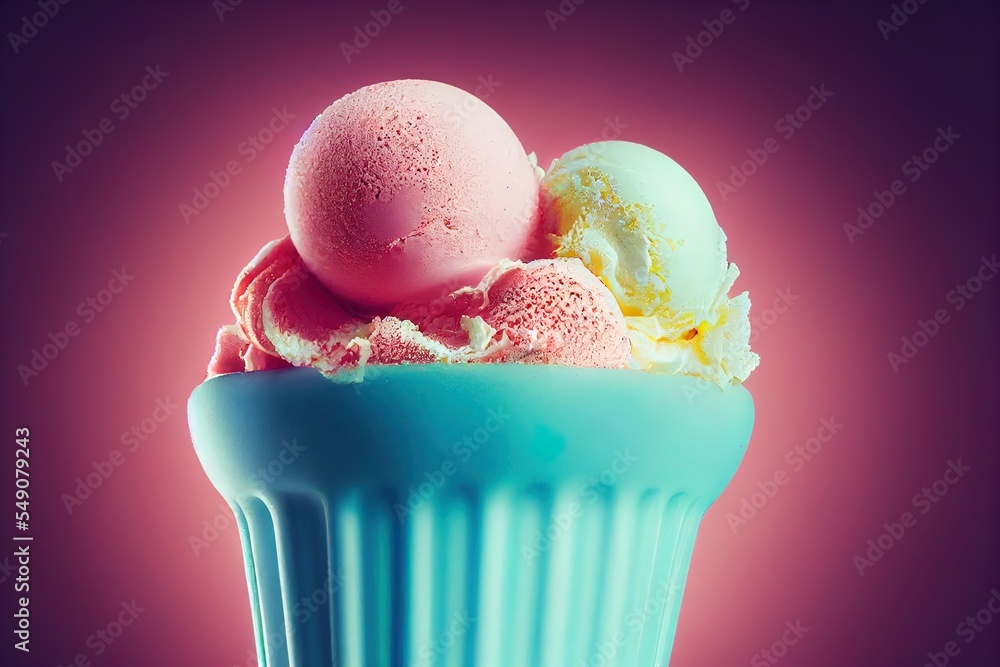 Poster  a cupcake with three scoops of ice cream on top of it Generative AI