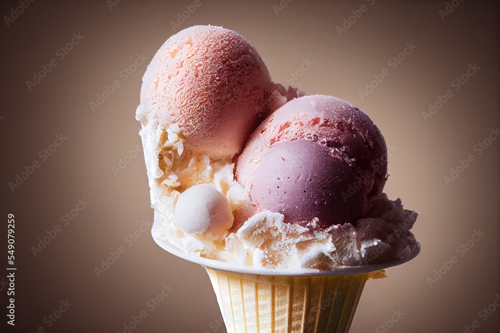 Poster  two scoops of ice cream in a cone on a table with a brown background and a light brown background Generative AI