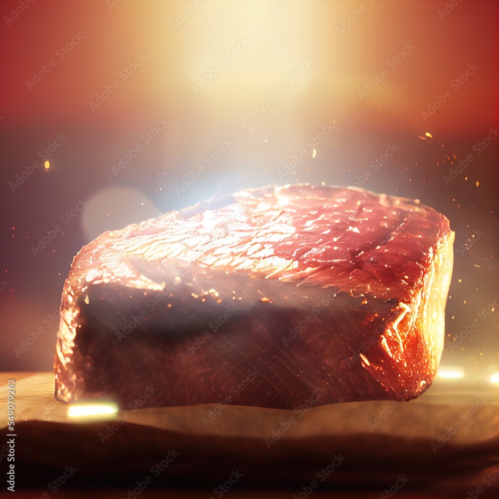 Poster a piece of meat on a table with a light shining on it and a red background with a red light generati