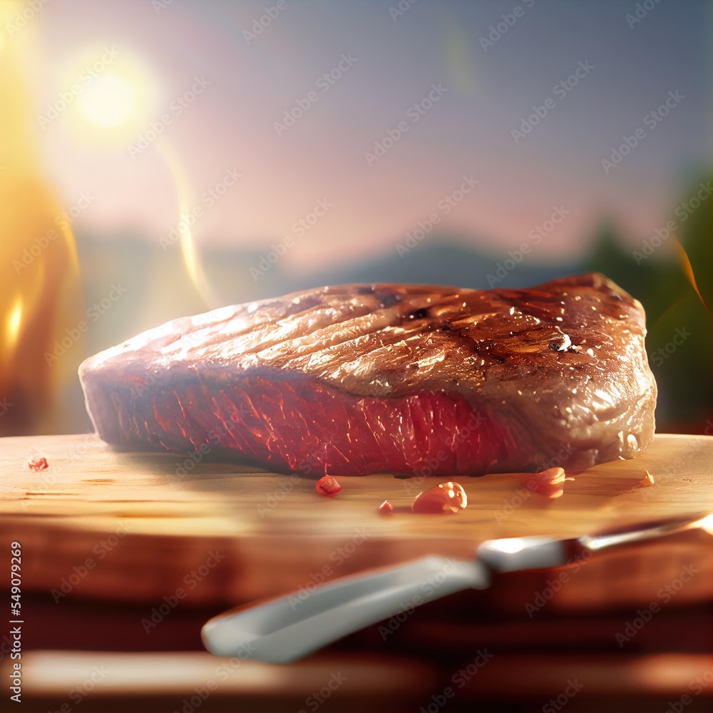 Poster a steak is on a cutting board with a knife and fork next to it and a blurry background generative ai