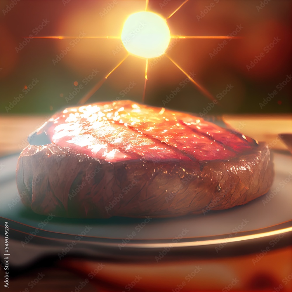 Poster a steak steak on a plate with a bright light shining on it's side and a fork in the foreground gener