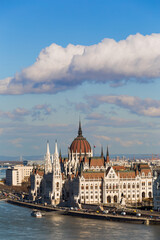 Beautiful view of Hungarian Parliament Building at cloudy day, popular travel destination in Budapest.
