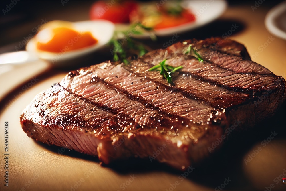 Poster a steak is sitting on a plate with a side of vegetables and a fork and knife on the table generative