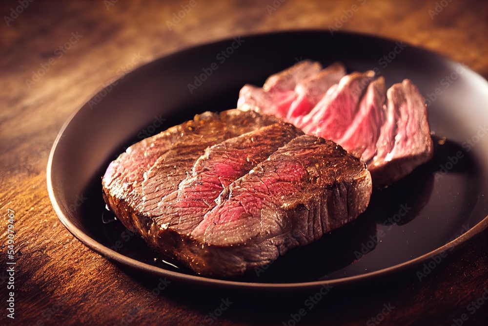 Poster a steak steak on a plate on a table top with a fork and knife in it's mouth generative ai