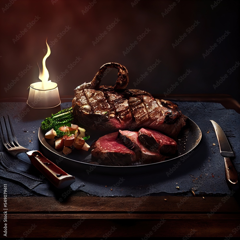 Poster a steak dinner with a candle and fork on a tablecloth with a knife and fork on the table generative 
