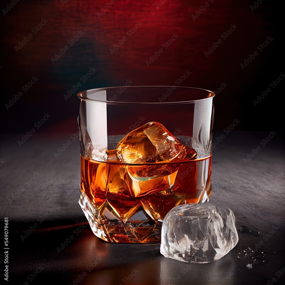 Poster  a glass of ice and a rock on a table with a red background and a red light behind it Generative AI