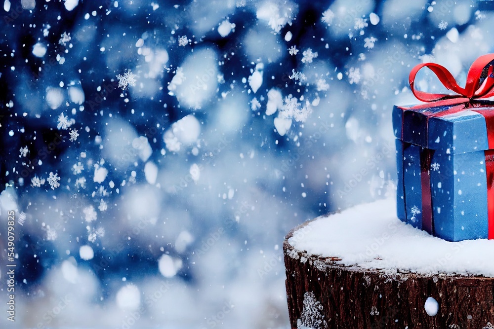 Poster a blue gift box with a red ribbon on top of a tree stump in the snow with snow falling around genera