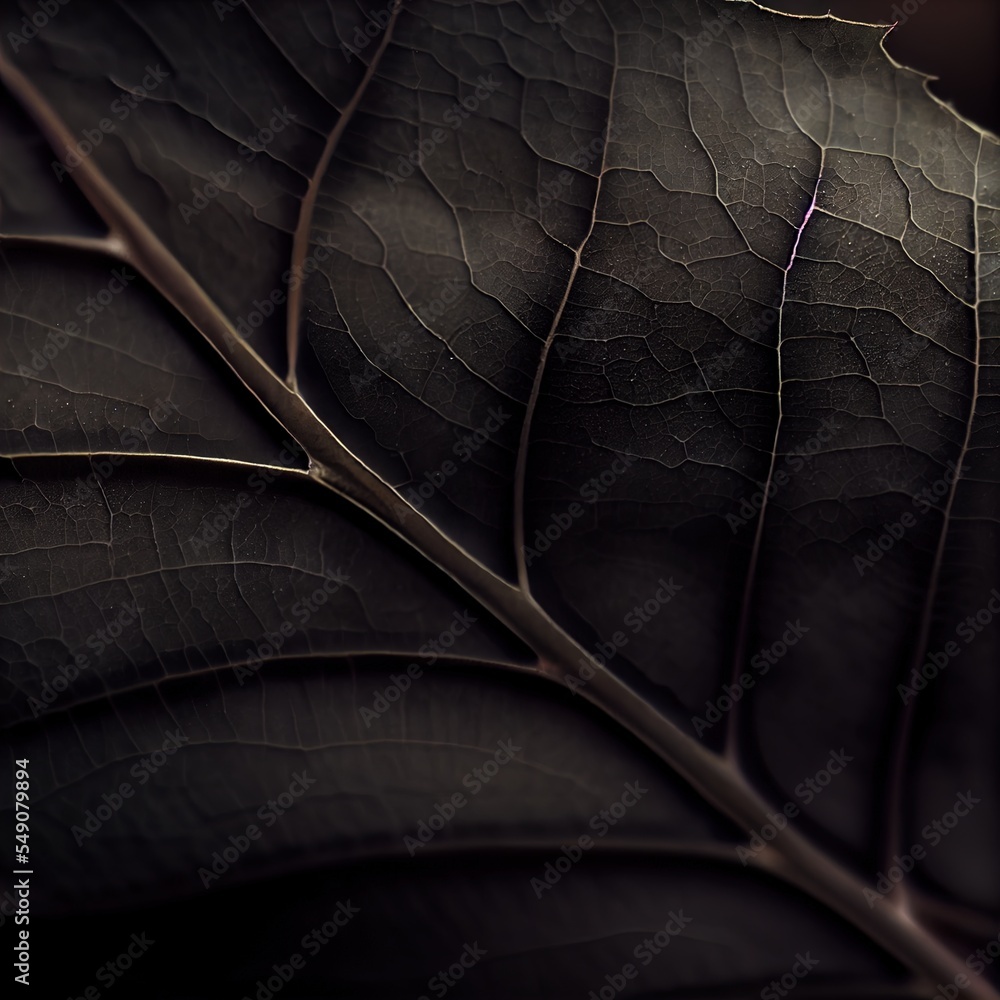 Poster a close up of a leaf with a dark background and a small purple line in the center of the leaf genera