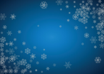 New year background with silver frosty snowflakes. Horizontal backdrop. Stylish new year background for holiday banner, card. Falling snow with sparkles and flakes for season special offers and sales.