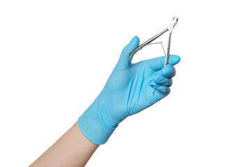 Сuticle nippers in hand with glove. Cuticle removal tool.
