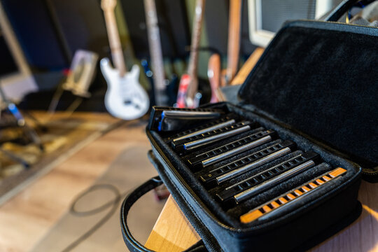 Harmonicas boxed set placed on table in studio