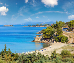 Morning sandy Kaviou beach. Summer top view (Nikiti, Sithonia, Halkidiki, Greece).