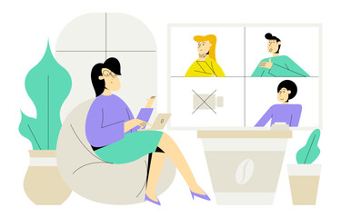 ONLINE CONFERENCE , PEOPLE CONNECTING TOGETHER , LEARNING AND MEETING ONLINE WEBINAR , WORKING REMOTELY ONLINE , WEBINAR CONCEPT ILLUSTRATION , VIDEO CONFERENCE REMOTE WORKING