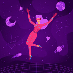 Obraz na płótnie Canvas Space travel in metaverse concept. Young woman in VR glasses and VR suit flying between planets in cyberspace. Innovation network experience, AR gaming. Futuristic lifestyle. Vector illustration