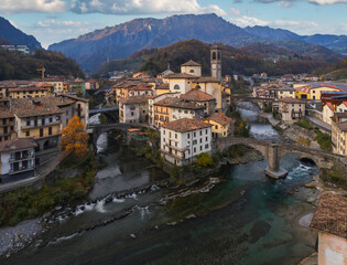 Beautiful sunset cityscape of little town in Bergamo, San Giovanni Bianco, Bergamo, Val Brembana, Lombardy, Italy