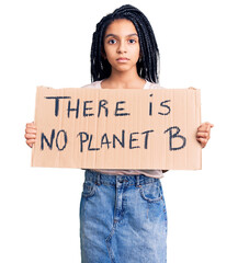 Cute african american girl holding there is no planet b banner thinking attitude and sober...