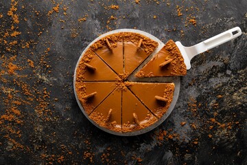 Top view of an appetizing cheesecake decorated with biscuits and one slice on a cake slicer cutter