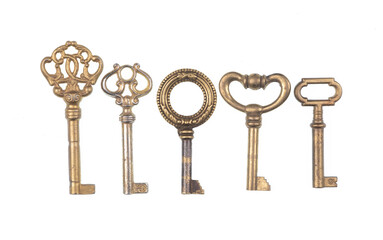 collection of vintage golden keys isolated on white background